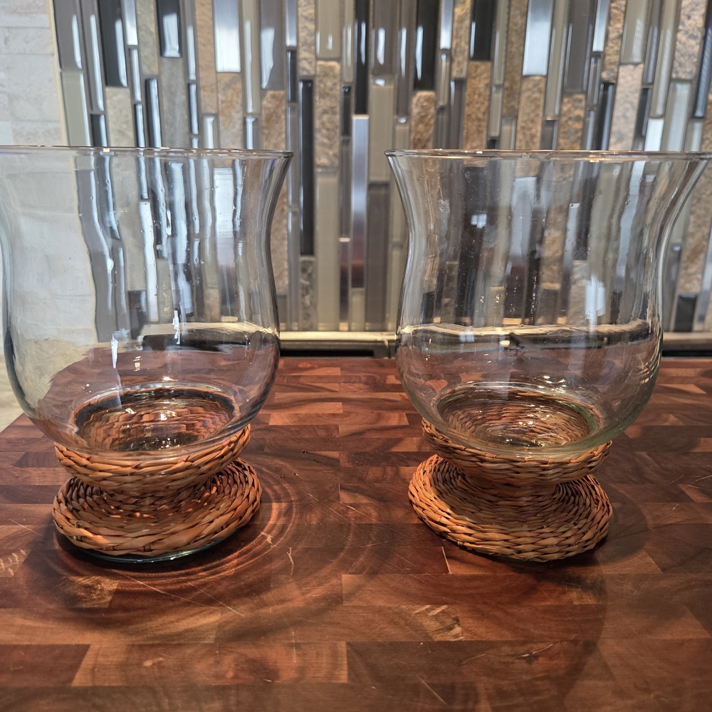 Glass Hurricane Candle Holders with Wicker Base